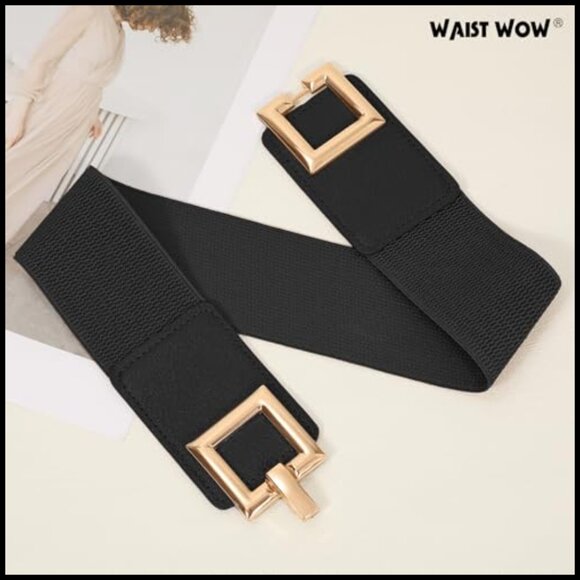 Wide Elastic Belt Vintage Gold Buckle Stretchy Waist Belt for Dresses